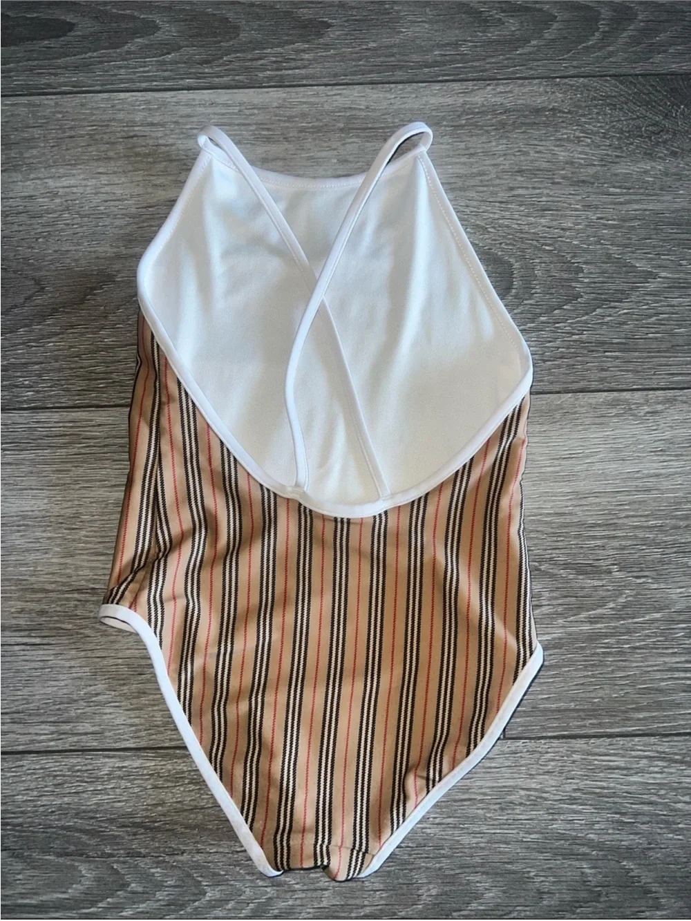 Burberry Kids Beige, Black and White Striped One-Piece Swimsuit